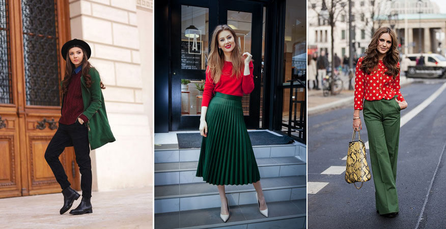 Сочетание красного и зеленого в одежде у женщин фото
